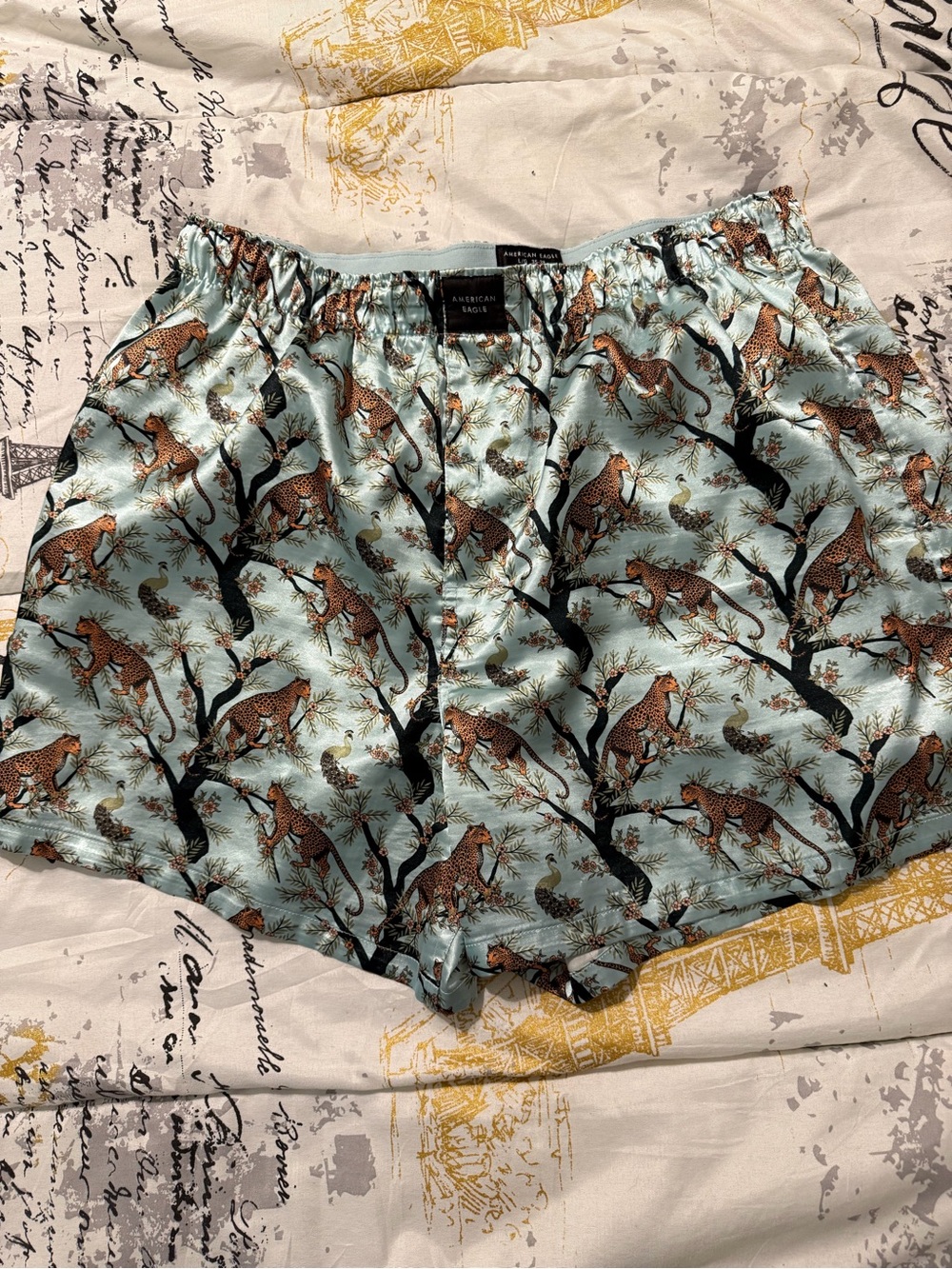 American Eagle Outfitters Light Blue Satin Leopard & Tree Print Men's Shorts